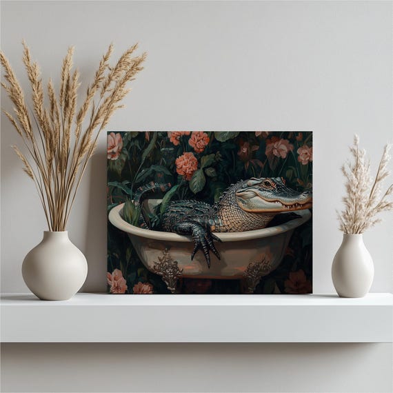 Whimsical Alligator Canvas Wall Art In Bathtub With Floral Tropical Decor Boho Eclectic Unique Artwork For Bathroom Living Room Or Office