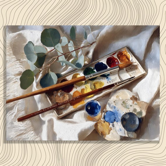 Botanical Studio Canvas Wall Art Minimalist Still Life Print Watercolor Palette Paintbrushes Eucalyptus Leaves Neutral Boho Decor