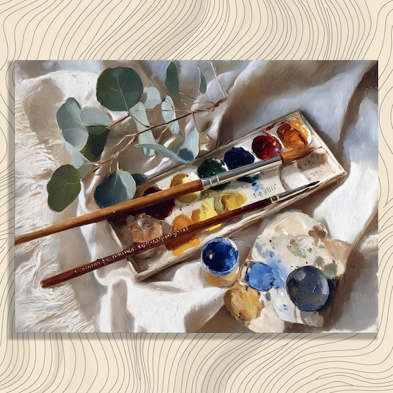 Watercolor Palette Brushes Eucalyptus Still Life Oil Painting Poster