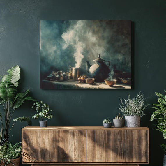 Vintage Teapot Steam Canvas Wall Art Rustic Still Life Tea Kettle Brass Toned Copper Serving Bowl Antique Cookware Print