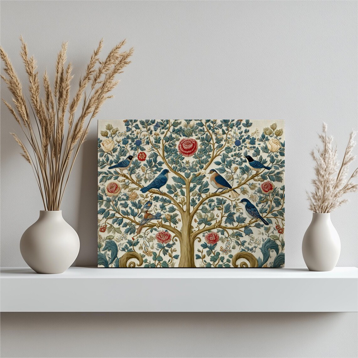 Charming Tree of Life Blue Birds Roses Vintage Botanical Art Poster