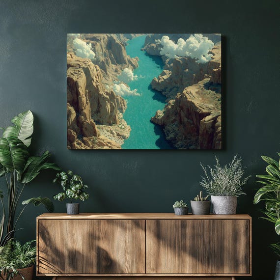 Dramatic Canyon River Canvas Wall Art Colorful Landscape Print Turquoise Cliffs Nature Decor Scenic Painting Gift