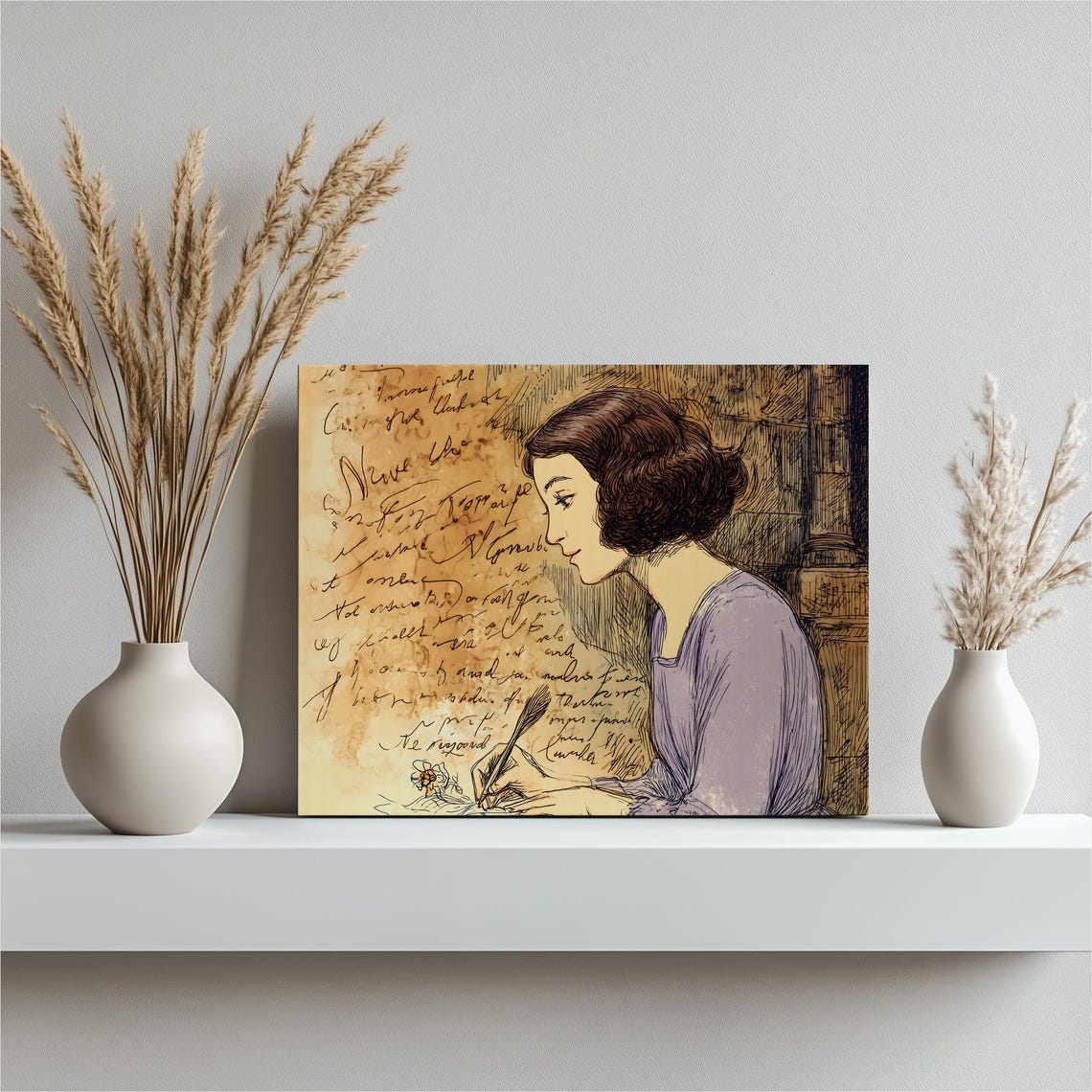Vintage Woman Writing Quill Script Illustration Literary Art Poster