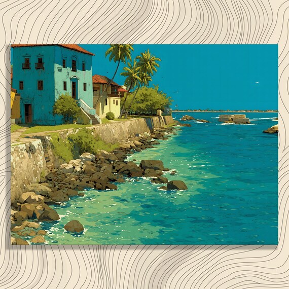 Sunny Colonial Coastal Town Palms Turquoise Shore Travel Style Art Poster