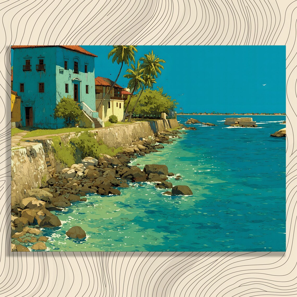 Sunny Colonial Coastal Town Palms Turquoise Shore Travel Style Art Poster