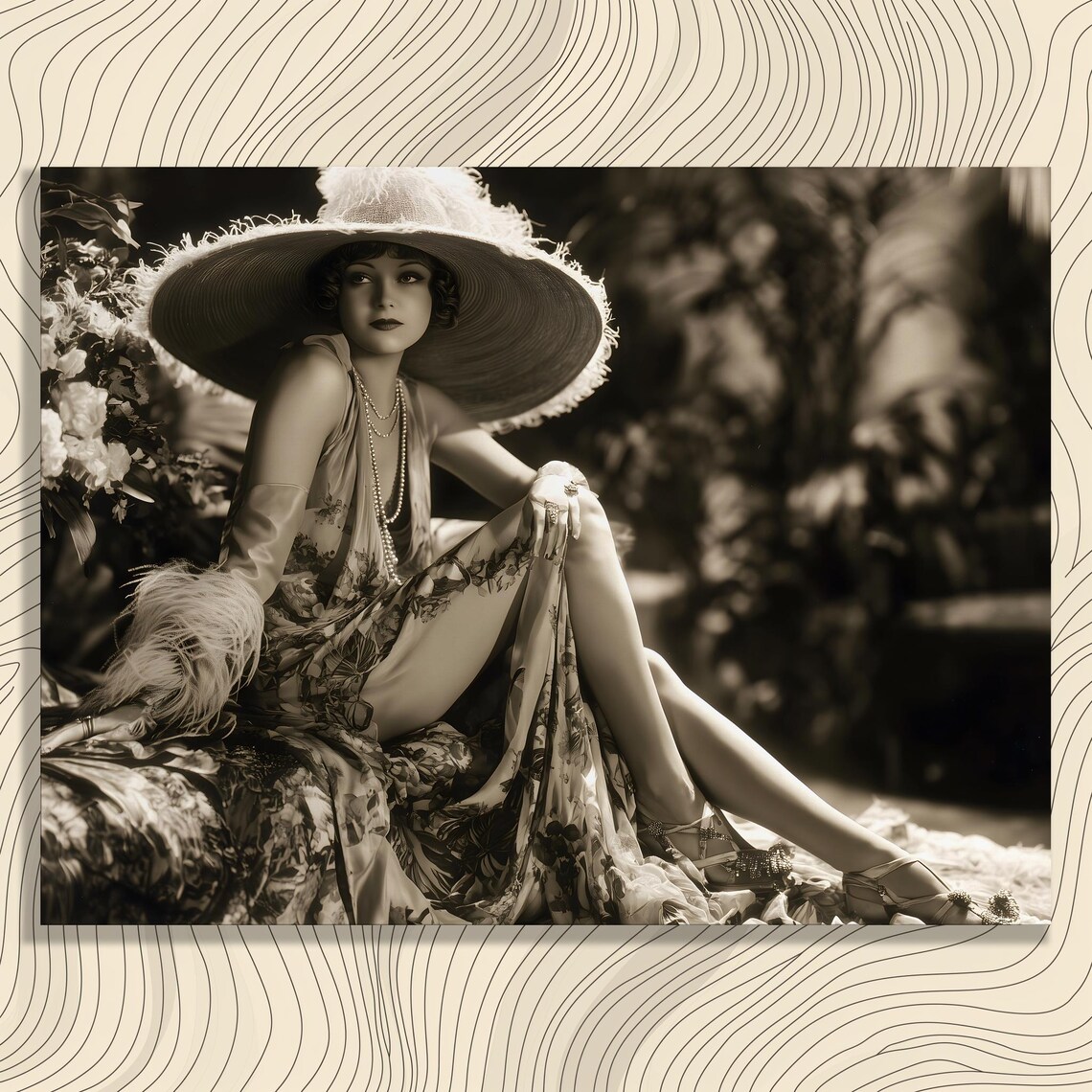 Vintage 1920s Woman Feather Hat Sepia Glamour Portrait Wall Poster