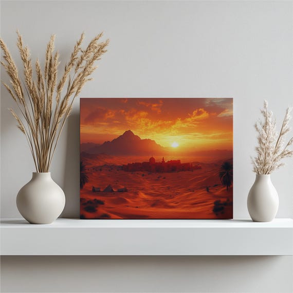 Morocco Decor Desert Painting Sahara Berber Tents Palm Trees Sunset Mountain Scene Nature Wall Art Colorful Landscape