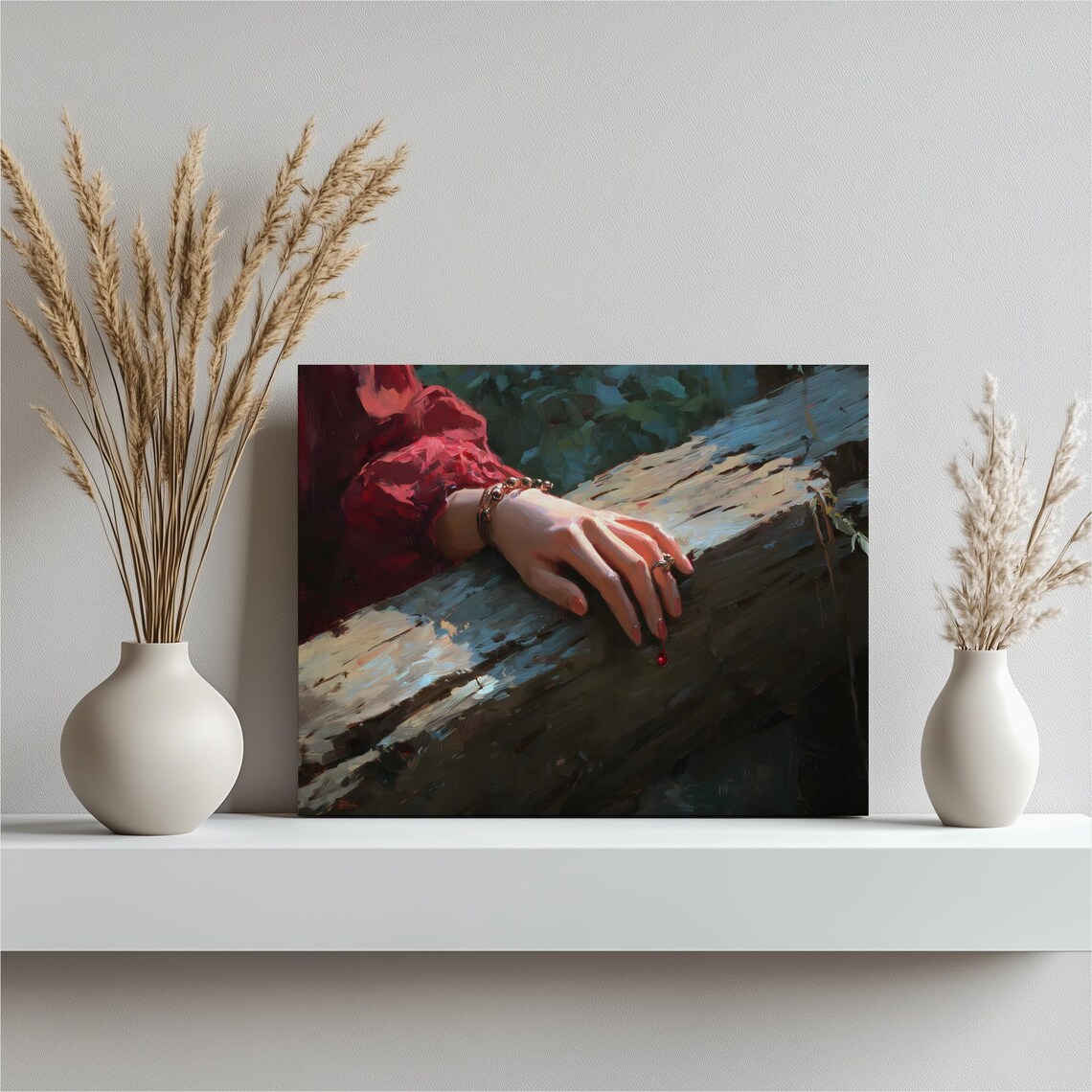 Woman in Red Dress Resting Hand on Wood Beam Oil Painting Poster