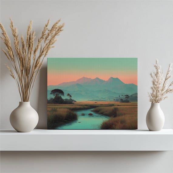 Tropical Landscape Canvas Wall Art Serene Rice Field Mountain Panorama Print Palm Tree Decor River View Pastel Sunset Tranquil Nature