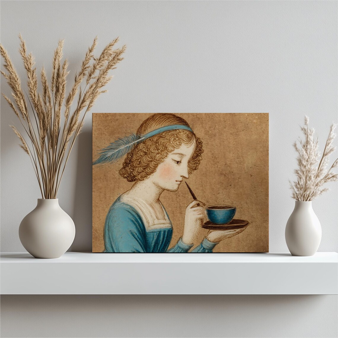 Renaissance Woman Blue Gown Feather Tea Time Portrait Poster