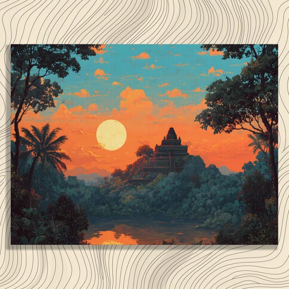 Tropical Sunset Temple Canvas Wall Art Lush Jungle Ruins Palm Trees Lake Reflection Orange Teal Sky Landscape Print Boho Decor