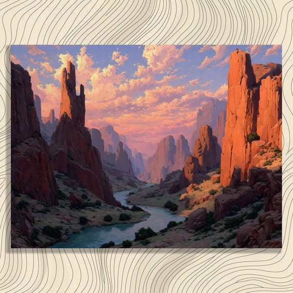 Canyon Sunset River Canvas Wall Art Colorful Red Rock Cliffs Landscape Print Desert Painting Dramatic Sky Nature Scenery Mountain View