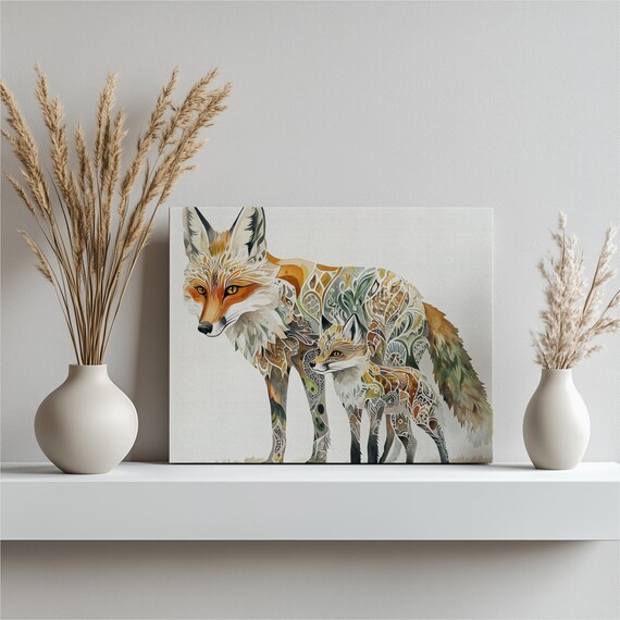 Colorful Fox Mother and Cub Mosaic Pattern Wildlife Art Print
