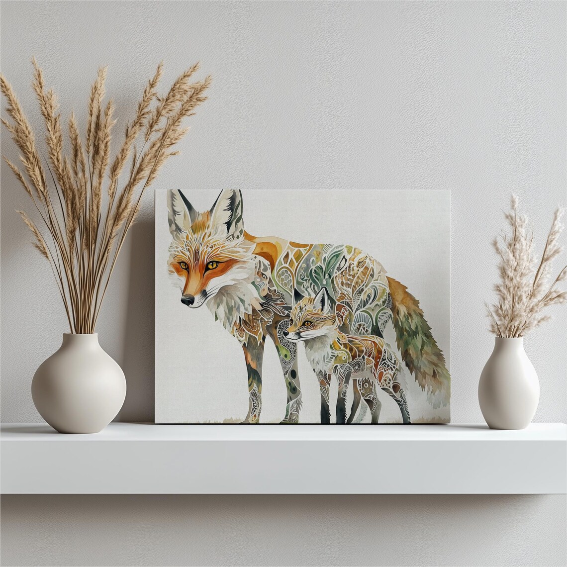 Colorful Fox Mother and Cub Mosaic Pattern Wildlife Art Print