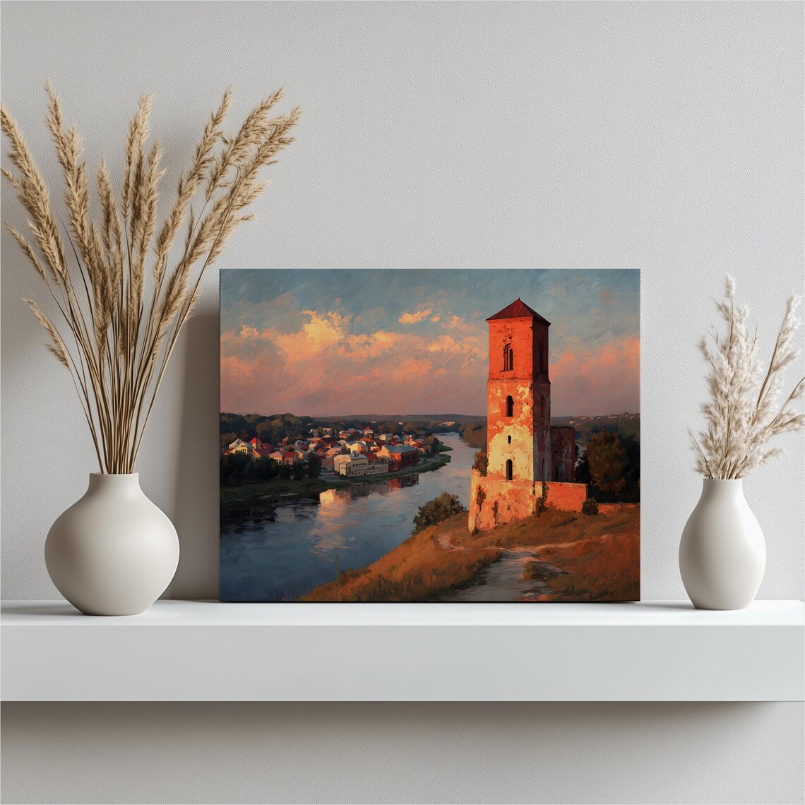 Sunset River Old Town Medieval Tower Golden Evening Landscape Poster