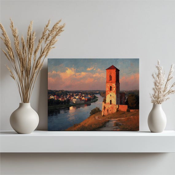 Sunset Tower River Canvas Wall Art Medieval Hilltop Winding Golden Rustic Decor Landscape Print Village Water Reflections