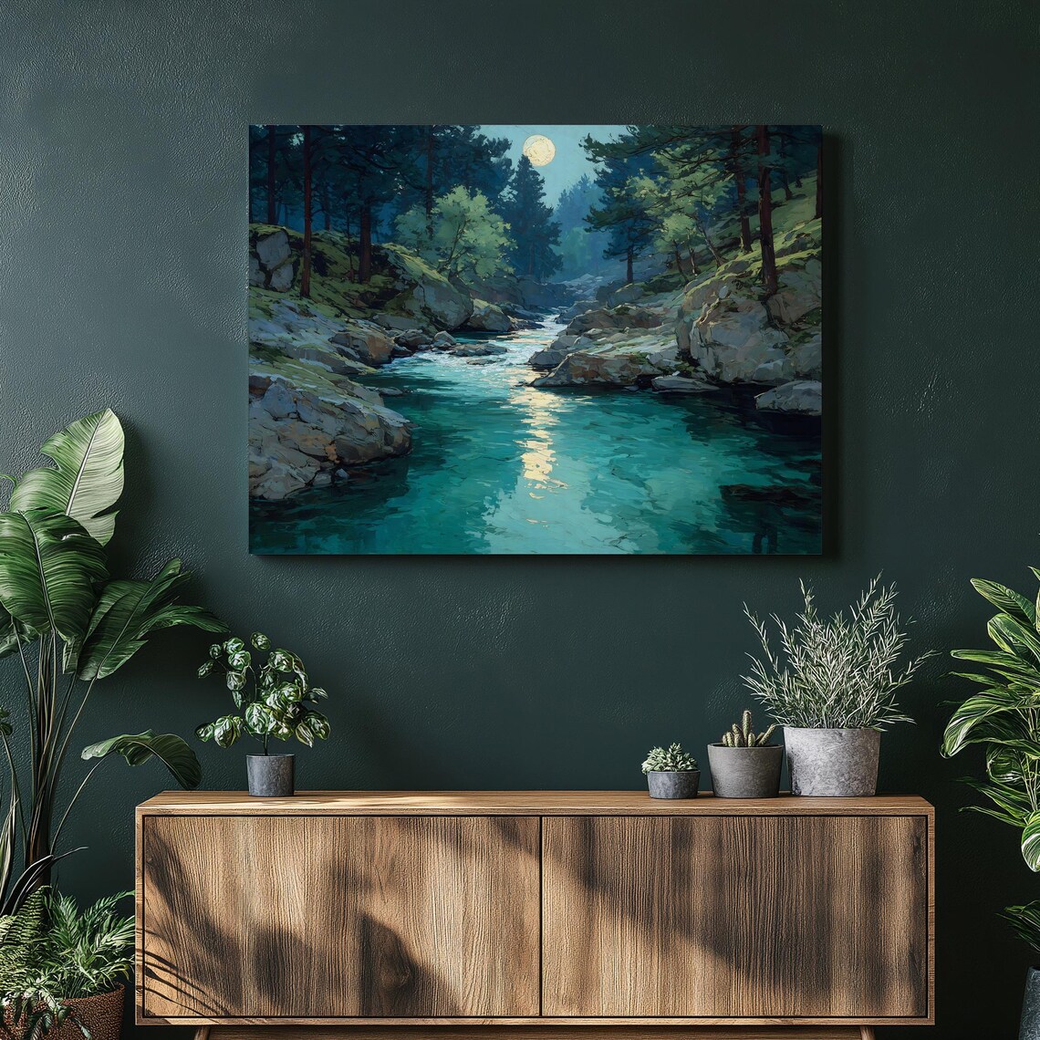 Moonlit Turquoise River Pine Forest Oil Painting Night Nature Poster