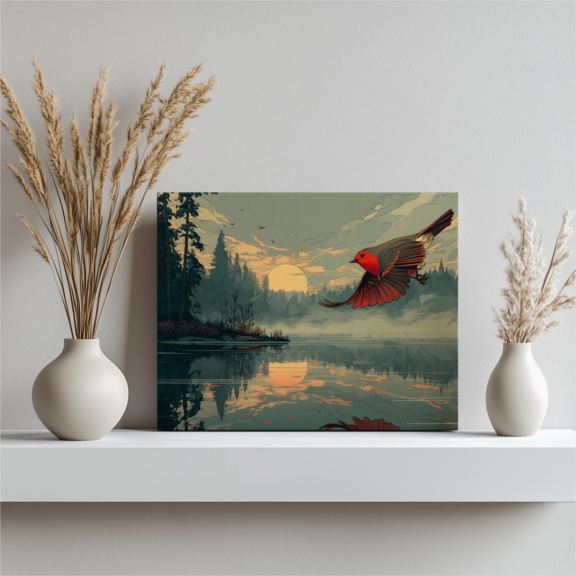 Red Bird Flying Over Sunset Forest Lake Reflection Nature Poster