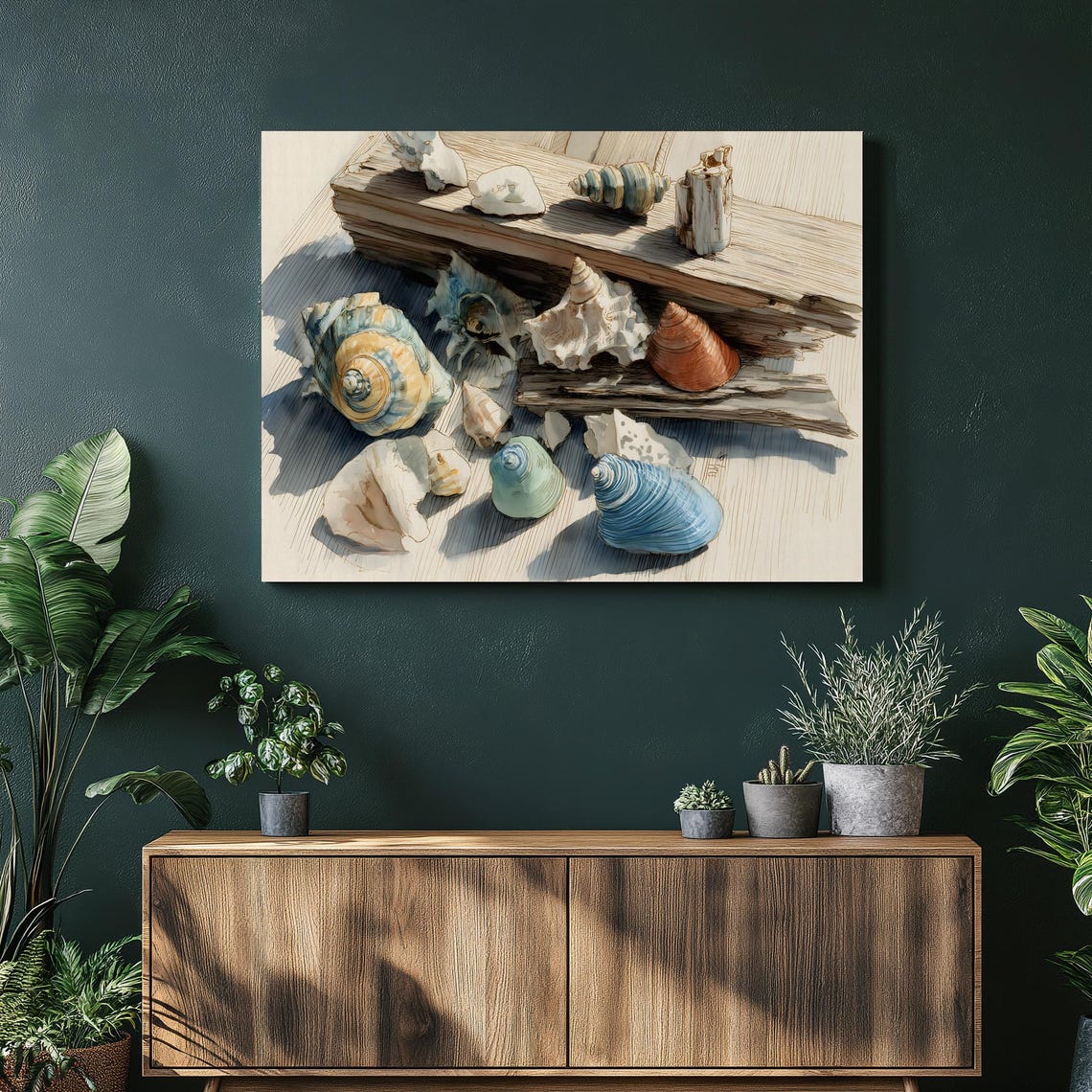 Seashell Collection Driftwood Watercolor Coastal Still Life Poster