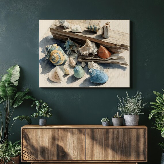 Seashell Collection Driftwood Watercolor Coastal Still Life Poster