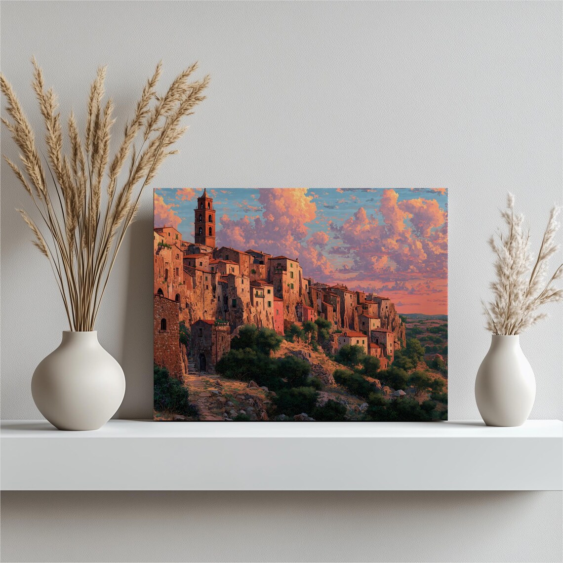 Mediterranean Hilltop Village Sunset Terracotta Houses Painting Poster