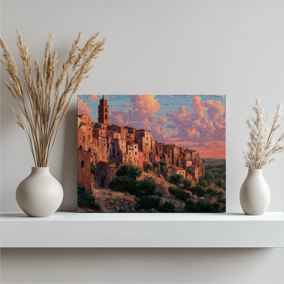Tuscan Sunset Village Canvas Wall Art Rustic Home Decor Mediterranean Landscape Print Traditional Cliffside Bell Tower Countryside Gift