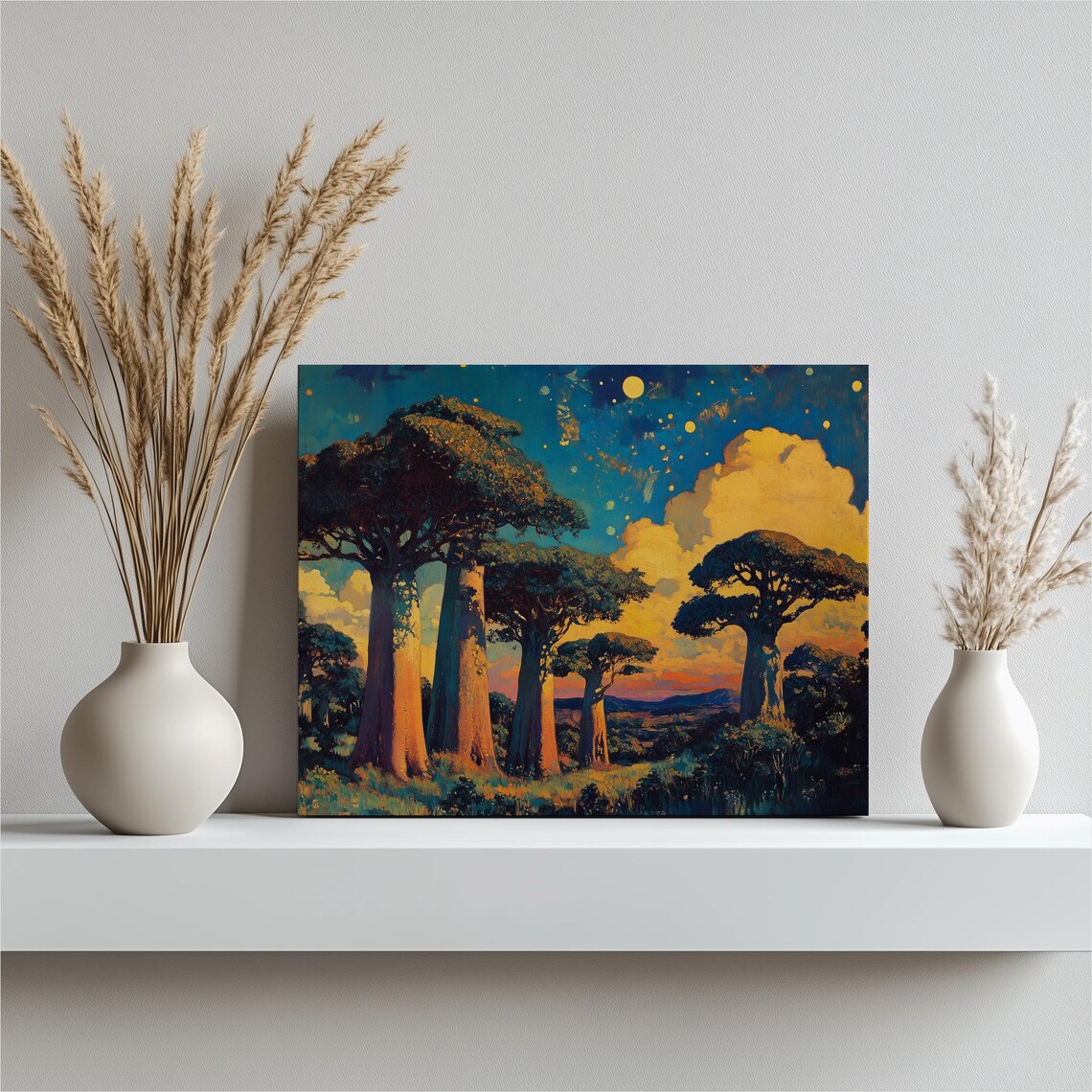 Madagascar Baobab Trees Sunset Vibrant Landscape Painting Poster