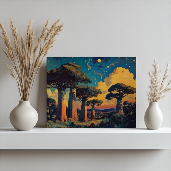 Madagascar Baobab Trees Canvas Wall Art Vibrant Nature Landscape Print With Starry Night Sky And Sunset Forest Scene Malagasy Scenery