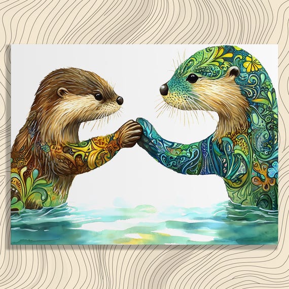 Otter Family Canvas Wall Art Whimsical Watercolor Sea Otters Holding Hands Coastal Animal Illustration Nursery Decor Gift For Moms