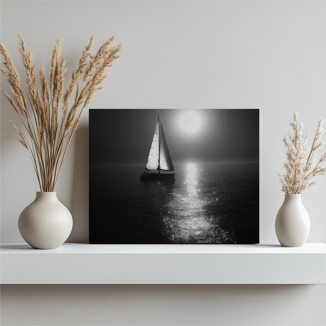 Sailboat Under Moonlight Black and White Ocean Night Photography Poster