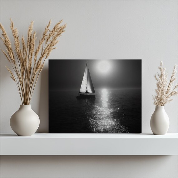 Sailboat Under Moonlight Black and White Ocean Night Photography Poster
