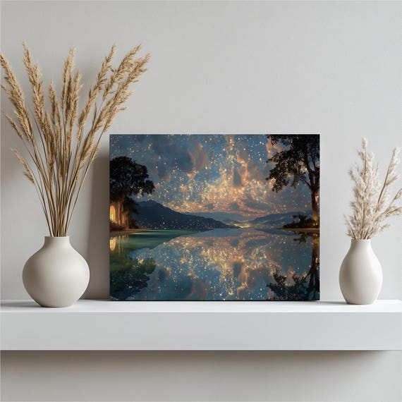 Dreamy Night Sky Canvas Wall Art Star Filled Villa By Infinity Pool Water Reflection Coastal Magical Twilight Landscape Colorful Decor