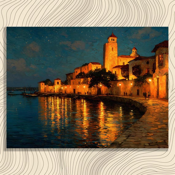 Moonlit Seaside Harbor Town Night Coastal Impressionist Poster