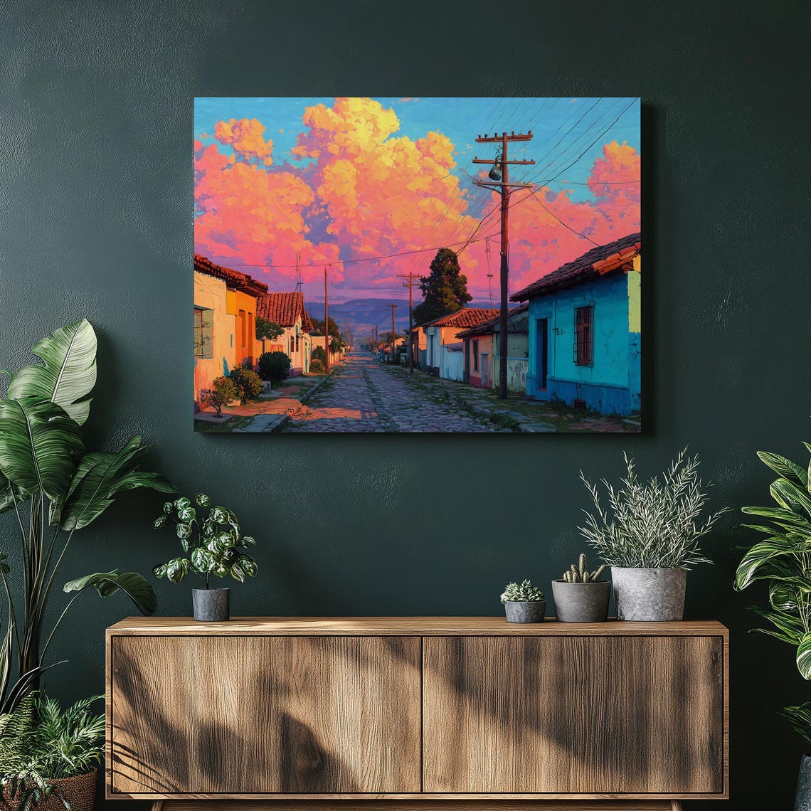 Colorful Village Street Sunset Cobblestone Road Pink Clouds Art Print