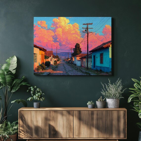 Colorful Village Street Canvas Wall Art Sunset Sky Painting Cobblestone Print Rustic Home Decor Cityscape Landscape Gift