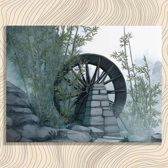 Bamboo Water Wheel Canvas Wall Art Watercolor Ink Wash Landscape Print Rustic Mill Decor Zen Garden Painting Nature Illustration Gift