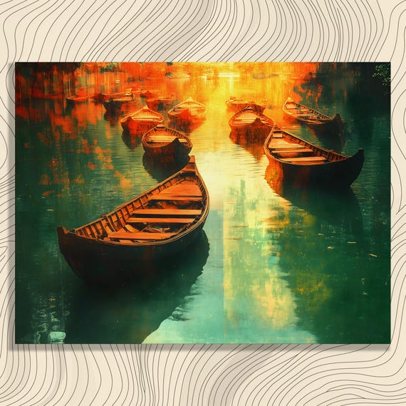 Serene River Boats Canvas Wall Art Modern Nature Reflection Painting Print Decor Gift For Lovers And Enthusiasts Poster
