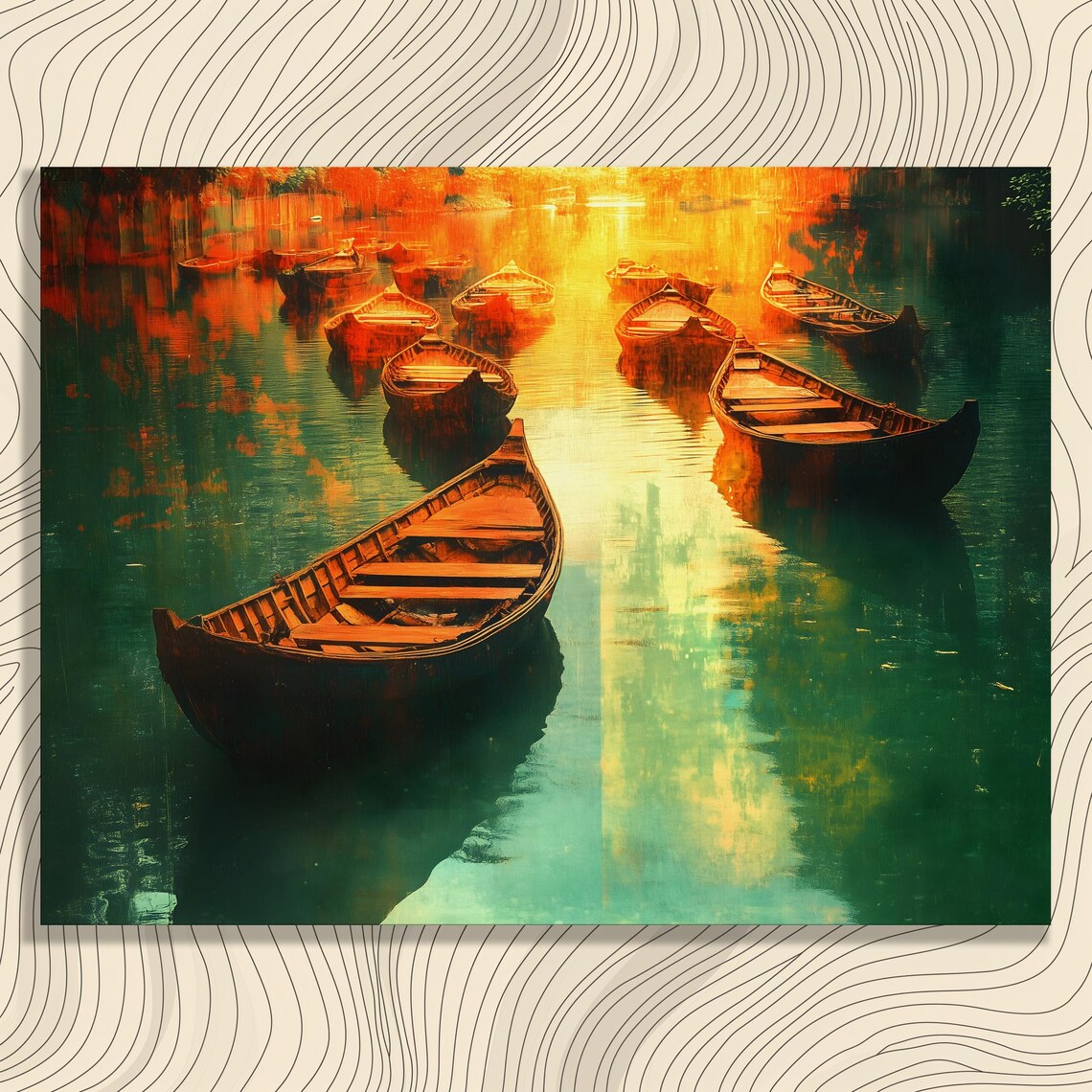 Golden River Boats At Sunset Painting With Water Reflections Poster