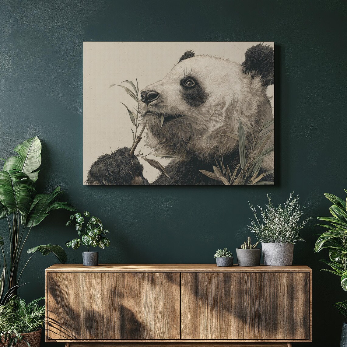 Giant Panda Bamboo Detailed Sketch Portrait Black White Wall Art