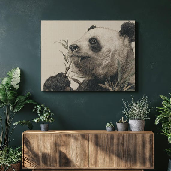Panda Bamboo Illustration Canvas Wall Art Modern Black And White Wildlife Print Painting Nature Decor Animal