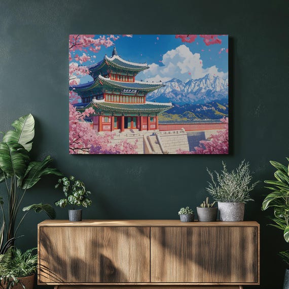 South Korea Canvas Wall Art Gyeongbokgung Palace Print Vibrant Seoul Decor Cherry Blossom Mountains Decoration For Home Office Or Bedroom