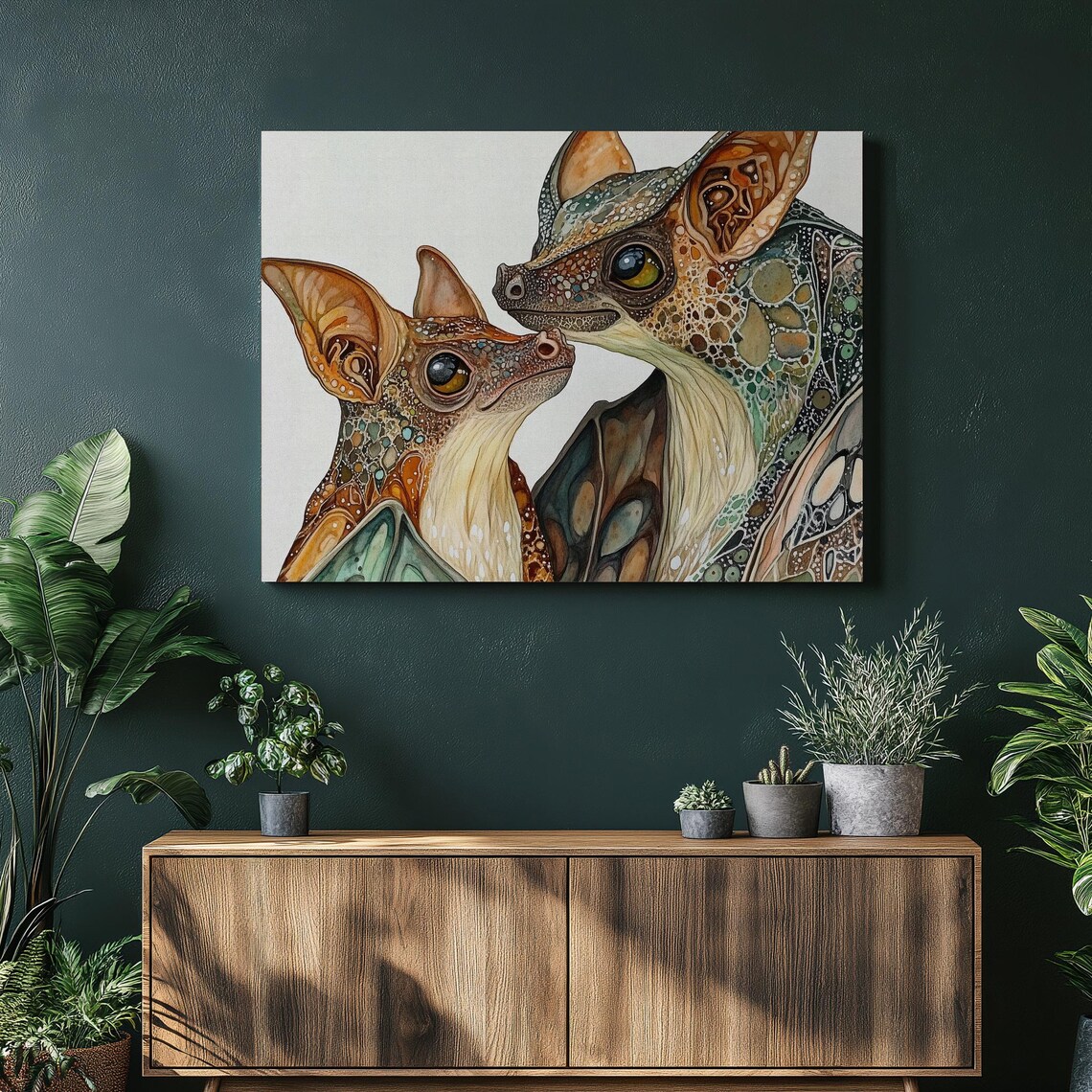 Bat Mother And Baby Ornate Watercolor Mosaic Wildlife Wall Art