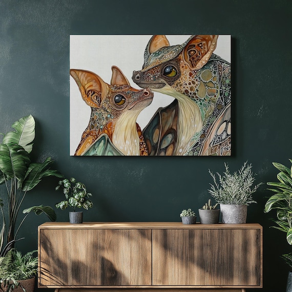 Bat Mother And Baby Ornate Watercolor Mosaic Wildlife Wall Art