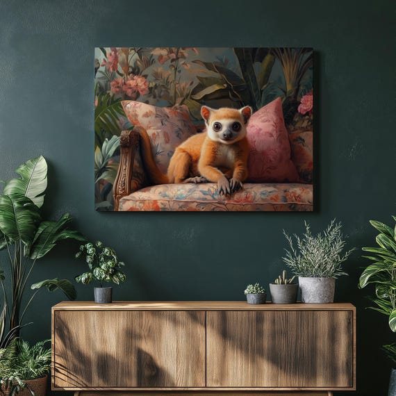 Kinkajou Canvas Wall Art Rainforest Animal Painting Vibrant Home Decor Living Room Illustration Pink Green Inexpensive Artwork
