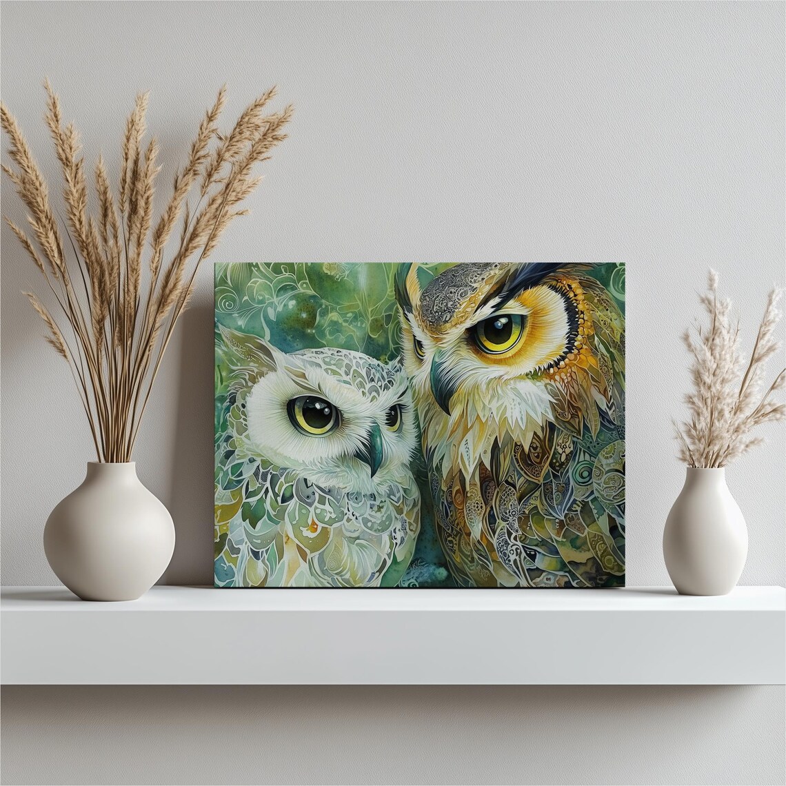 Two Owls Mosaic Feather Art Intricate Green Gold Wildlife Poster