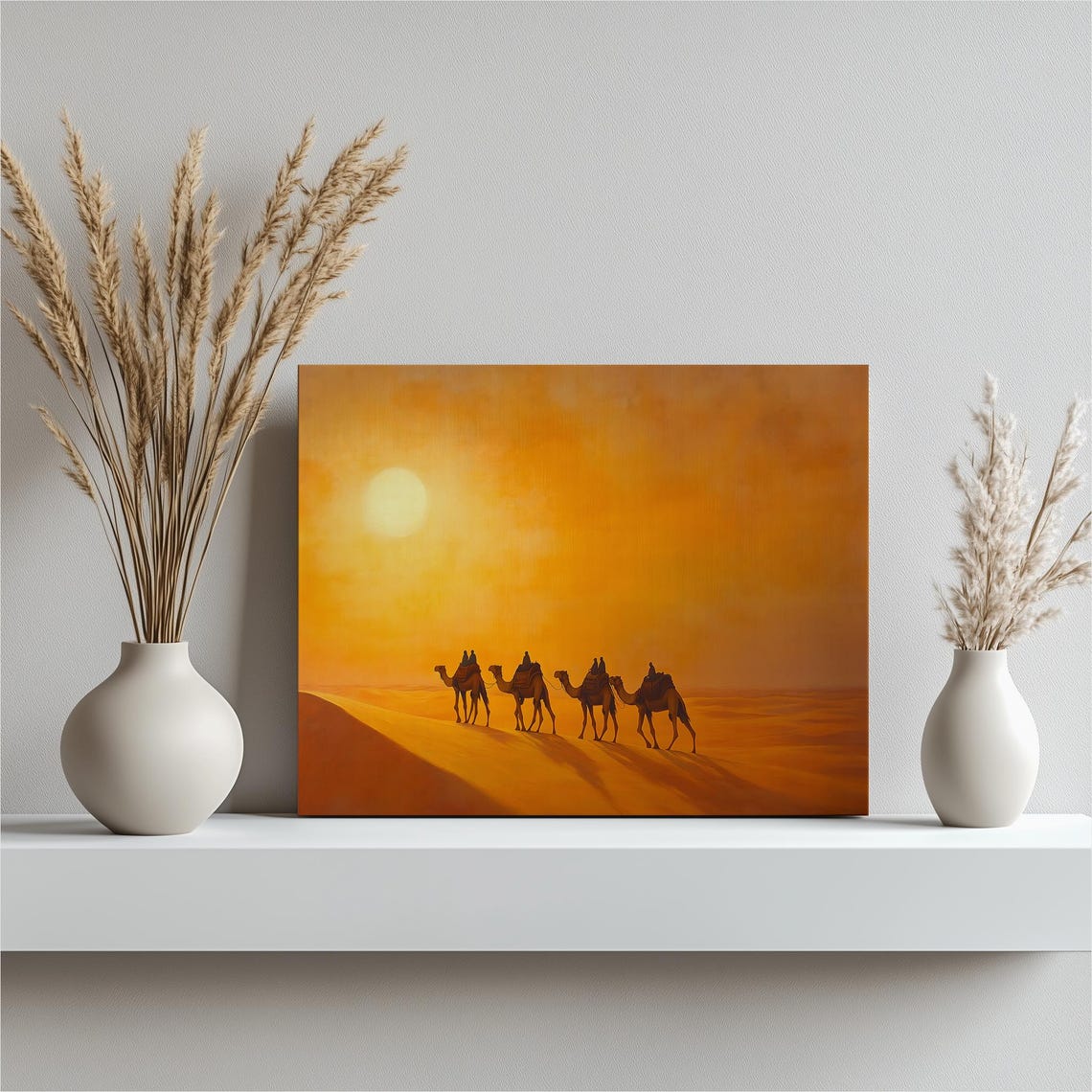 Desert Camel Caravan Golden Sunrise Sahara Dunes Landscape Wall Art
