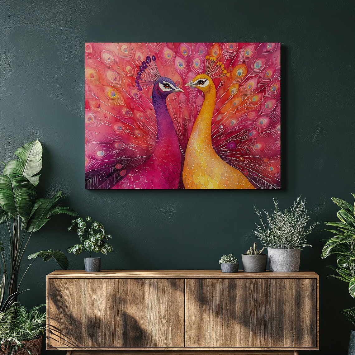 Pair Of Colorful Peacocks Pink Gold Watercolor Wildlife Wall Art