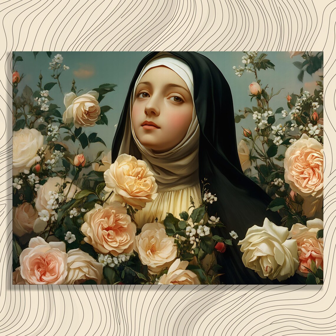 Nun Among Cream Roses Floral Portrait Religious Oil Style Poster
