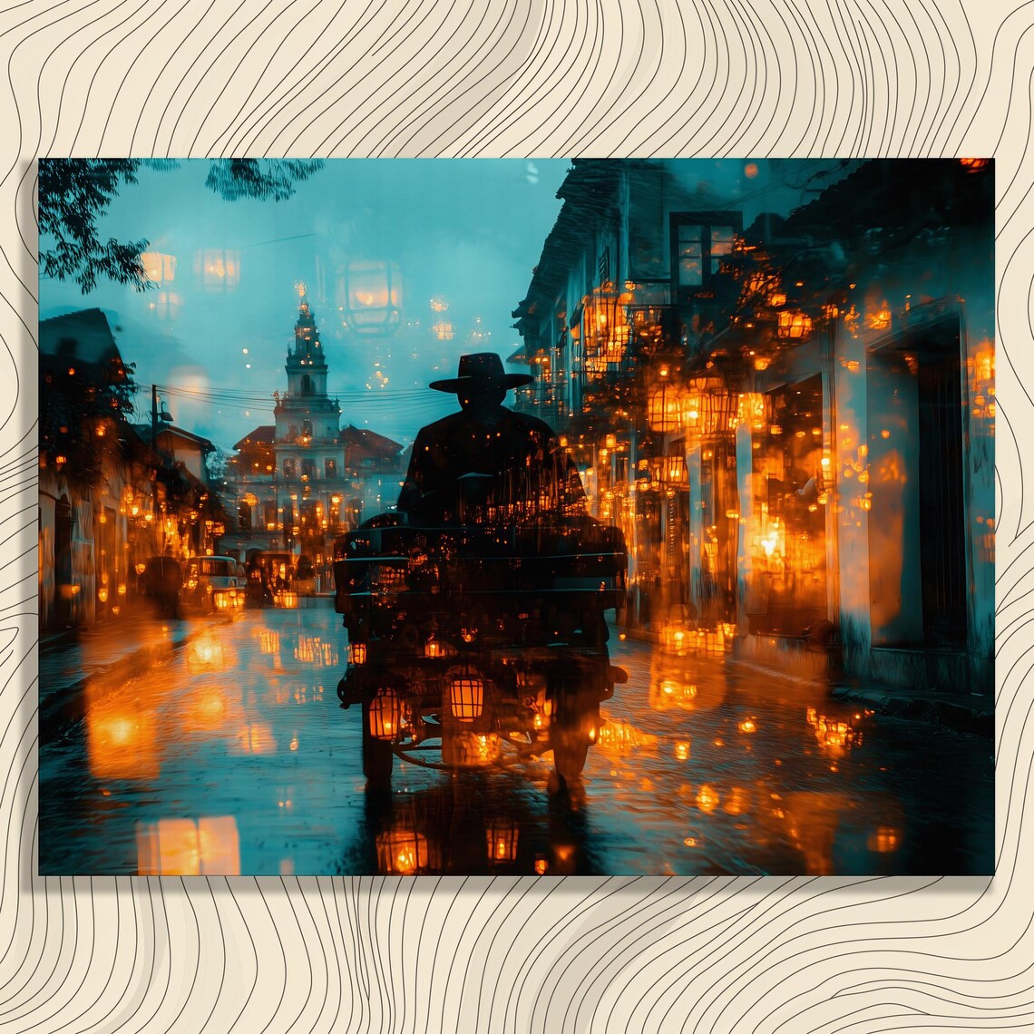 Surreal Cityscape Canvas Wall Art Modern Surrealism Print With Festive Lanterns Bicycle Silhouette Rainy Reflection In Blue Orange Tones