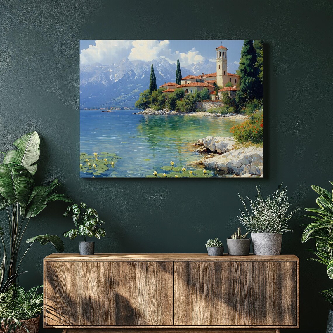 Lake Ohrid Lakeside Church Mountain Lake Scenery Canvas Print